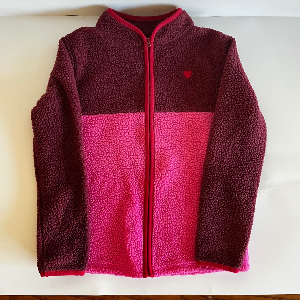 OshKosh Bgosh Girls Sherpa Fleece Jacket Burgundy Pink Heart Full Zip Size 8 8A